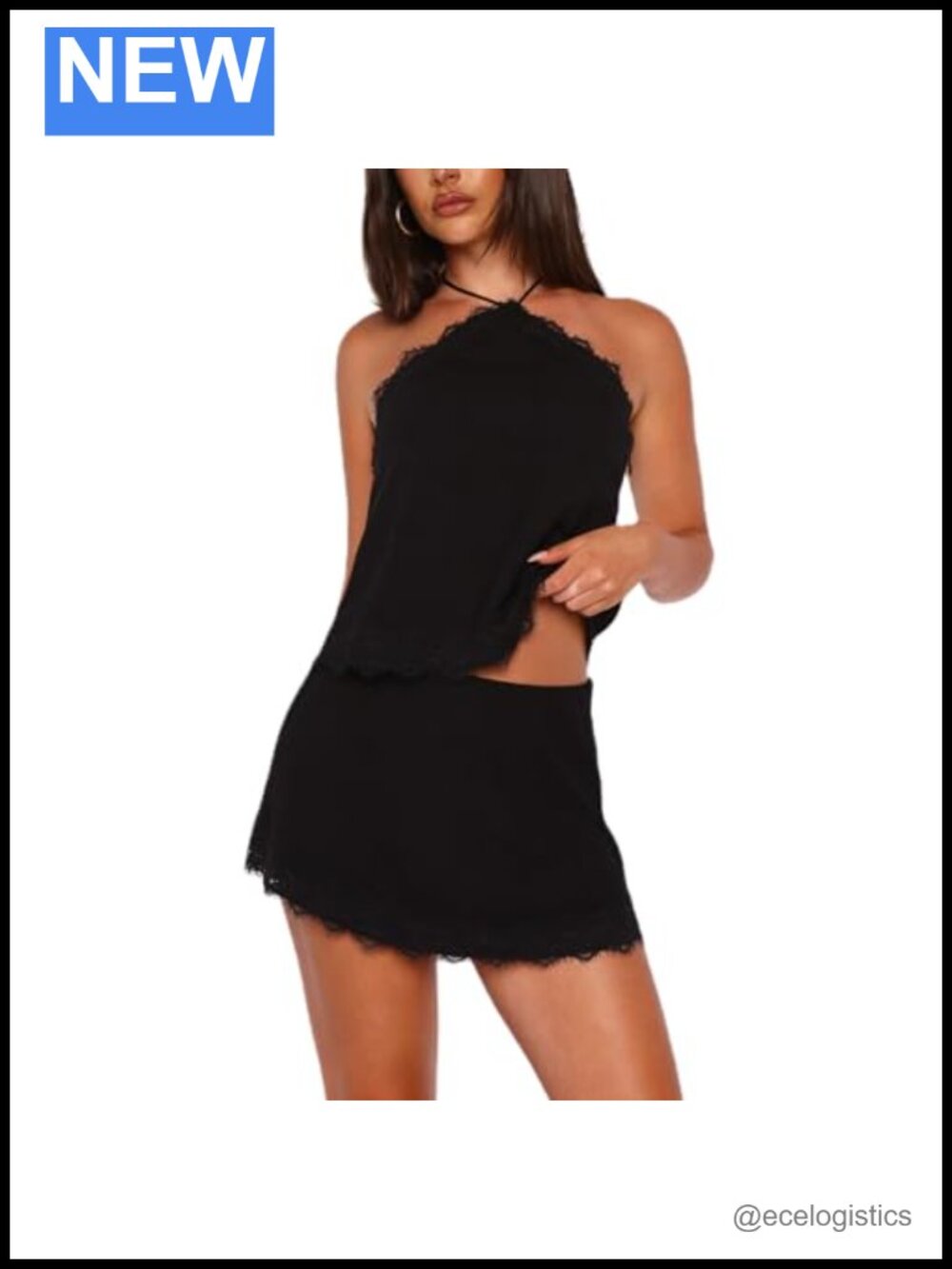 Y2K Satin 2 Piece Skirt Set Halter Crop Top Lace Trim Mini Skirt